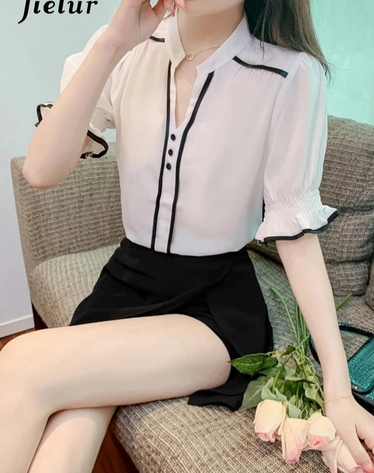 Spell Color French Style Women Blouse Princess Sleeve Summer Elegant Fashion Female Blouses Casual Simple Chic Workwear