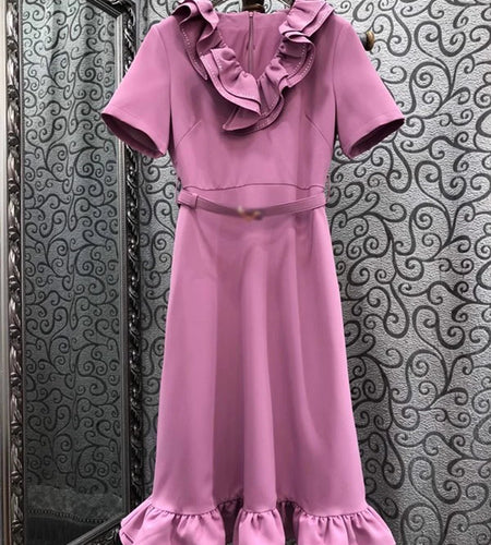 Solid Spliced Ruffles Slimming Dresses For Women V Neck Short Sleeve High Waist Temperament Long Dress Female New