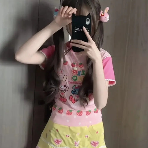 Load image into Gallery viewer, Japanese Kawaii Cartoon Print Tshirt Women Harajuku Color Patchwork Lace Sleeve Fairy T-shirt Y2k Aesthetic Grunge Cropped Tees
