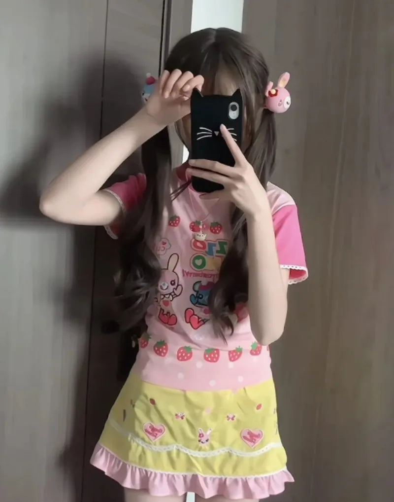 Japanese Kawaii Cartoon Print Tshirt Women Harajuku Color Patchwork Lace Sleeve Fairy T-shirt Y2k Aesthetic Grunge Cropped Tees