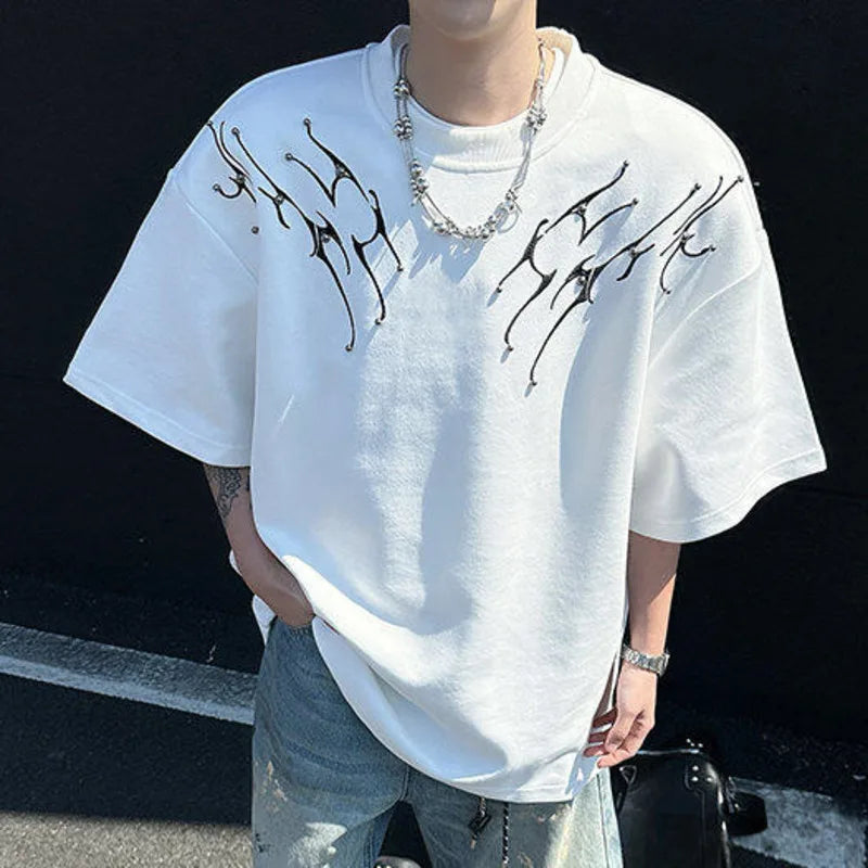 Men's T-shirts Short Sleeve New Krorean Fashion Embroidery Nail Pad Shoulder Decoration Tide Male Pullover Top 9W1664