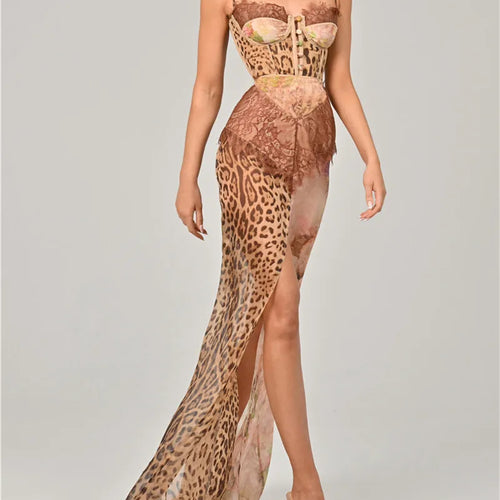 Load image into Gallery viewer, Leopard Print Lace Split Sexy Maxi Dress Women Gown Elegant Patchwork Chiffon Sleeveless Backless Beach Evening Dress
