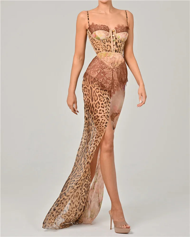Leopard Print Lace Split Sexy Maxi Dress Women Gown Elegant Patchwork Chiffon Sleeveless Backless Beach Evening Dress