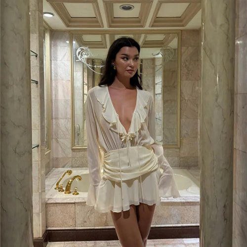 Load image into Gallery viewer, Deep V Neck Ruffled Sexy Mini Dress For Women Chiffon Lace-up Long Sleeve High Waist Ruched Club Party Ruffle Dress
