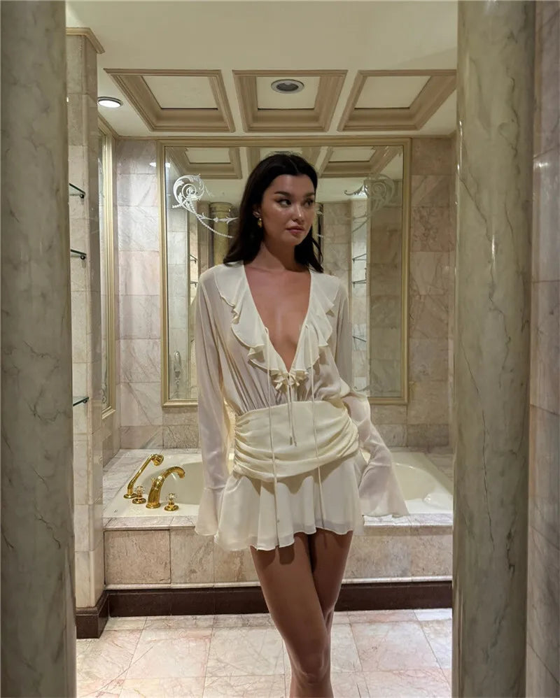 Deep V Neck Ruffled Sexy Mini Dress For Women Chiffon Lace-up Long Sleeve High Waist Ruched Club Party Ruffle Dress