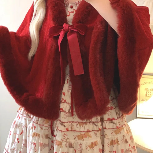 Load image into Gallery viewer, Y2k Aesthetic Fashion Lolita Cloak Coats Sweet Kawaii Fluffy Vintag Elegant Capes Loose Bandage Cute Bow Women Jacket Streetwear
