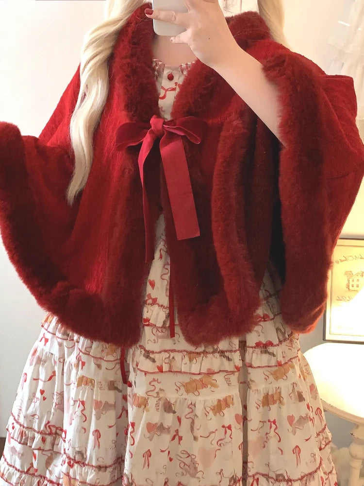 Y2k Aesthetic Fashion Lolita Cloak Coats Sweet Kawaii Fluffy Vintag Elegant Capes Loose Bandage Cute Bow Women Jacket Streetwear