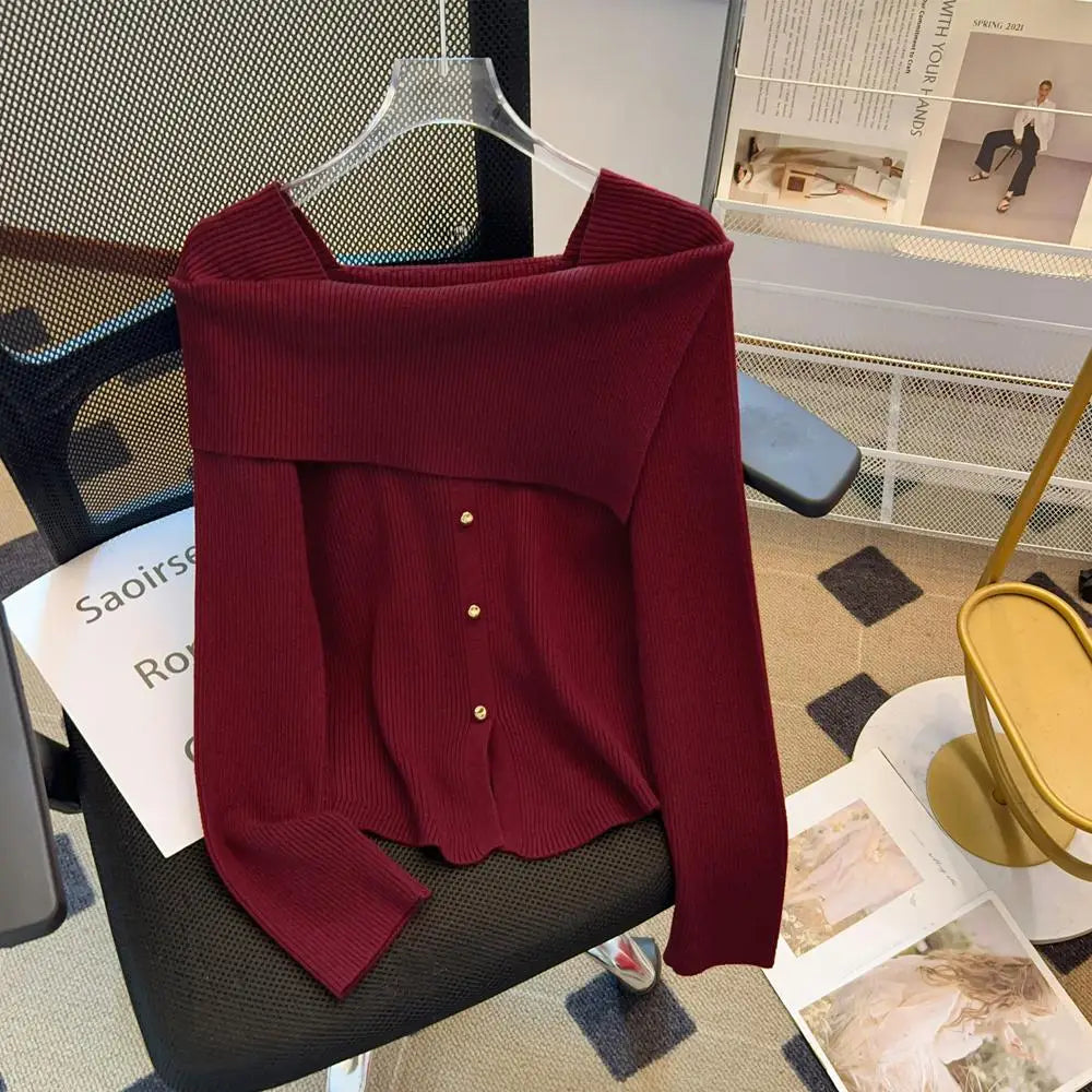 Autumn Winter Korean Black Square Neck Long Sleeve Versatile Sweater Women Red Single Breasted Short Knitted Tops Popular Simple