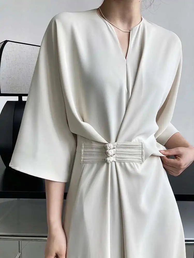 Women Black Buckle Long Elegant Dress New Round Neck Three-quarter Sleeve Loose Fit Fashion Spring Autumn 2025 1DE7880