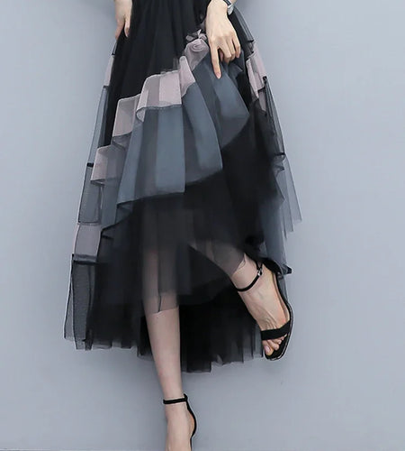 Fashion Patchwork Tulle Long Skirt Women 2023 Spring Summer Elegant High Street Mesh High Waist Pleated Midi Skirt Female