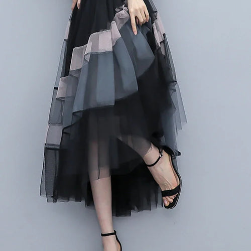 Load image into Gallery viewer, Fashion Patchwork Tulle Long Skirt Women 2023 Spring Summer Elegant High Street Mesh High Waist Pleated Midi Skirt Female
