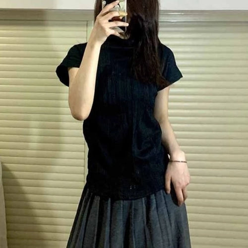 Load image into Gallery viewer, Y2k Aesthetic Half High Collar Vintage Tees Streetwear Casual Solid Fairy Pleated Tshirts Women Harajuku Grunge Slim Fit Tops
