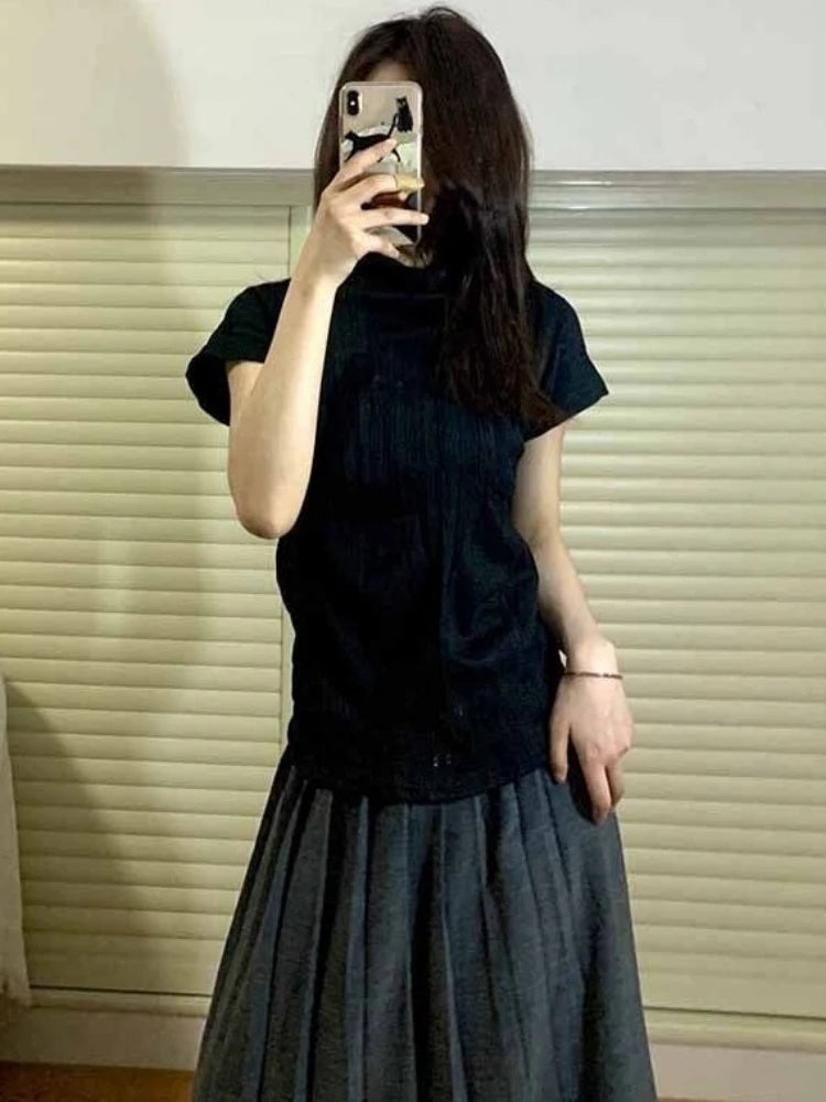 Y2k Aesthetic Half High Collar Vintage Tees Streetwear Casual Solid Fairy Pleated Tshirts Women Harajuku Grunge Slim Fit Tops