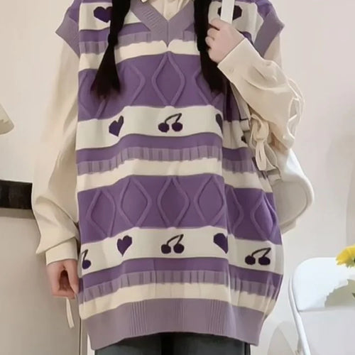 Load image into Gallery viewer, Cartoon Print Sweater Vest Women Kawaii Love Waistcoat Streetwear Knitted Fashion College All-match Harajuku Y2k Vests Chandails
