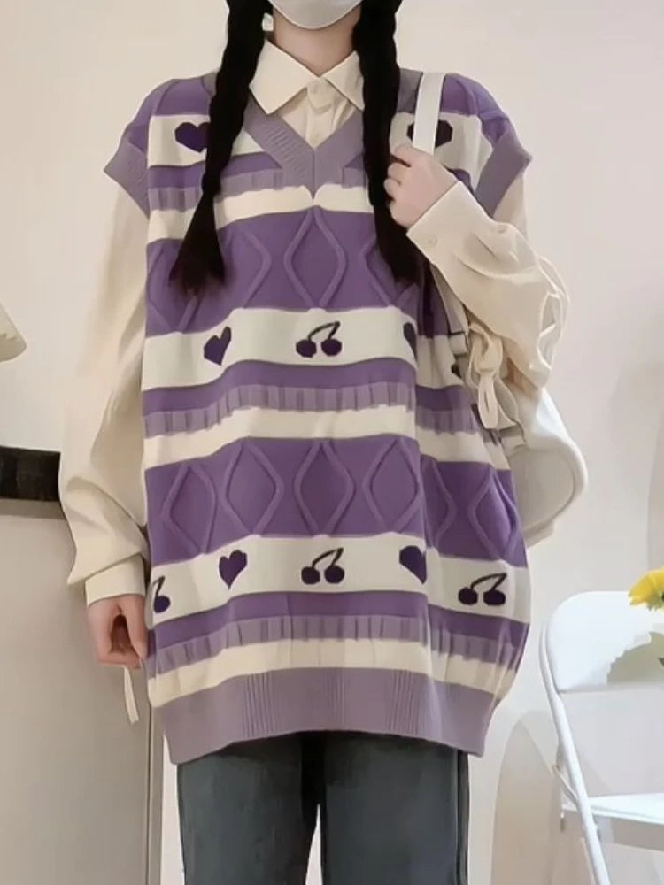 Cartoon Print Sweater Vest Women Kawaii Love Waistcoat Streetwear Knitted Fashion College All-match Harajuku Y2k Vests Chandails