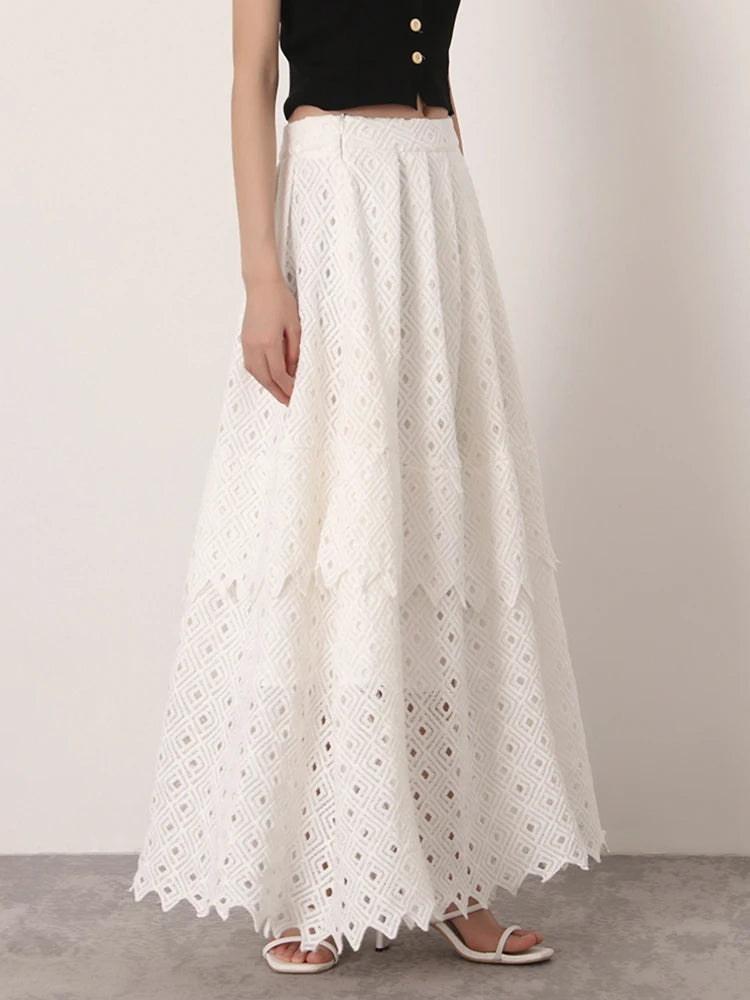 White Vintage Cut Out Skirt For Women High Waist A Line Lace Panel Irregular Hem Midi Skirts Female Summer Clothing