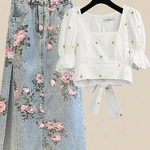 Load image into Gallery viewer, Women Summer Sweet Pink Print Skirts Two Pieces Set Korean Puff Sleeve Bandage Floral Top And Side Split Retro Denim Skirts Sets
