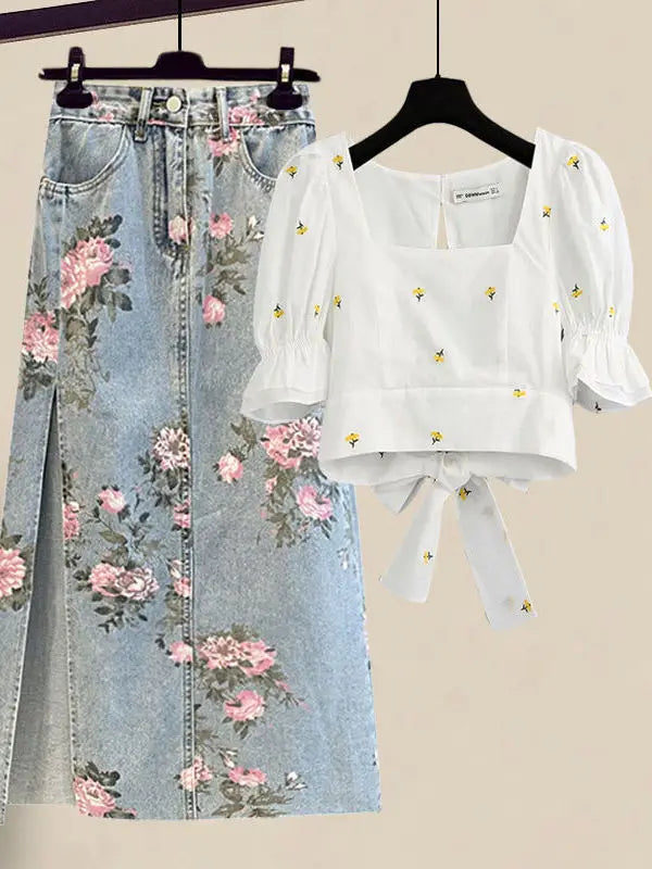 Women Summer Sweet Pink Print Skirts Two Pieces Set Korean Puff Sleeve Bandage Floral Top And Side Split Retro Denim Skirts Sets