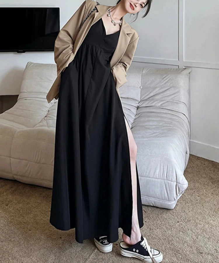 Summer V-neck Black Female Dresses Slim Sleeveless Pure Color High Street Fashion Dresses French Style Elegant Chic Dress