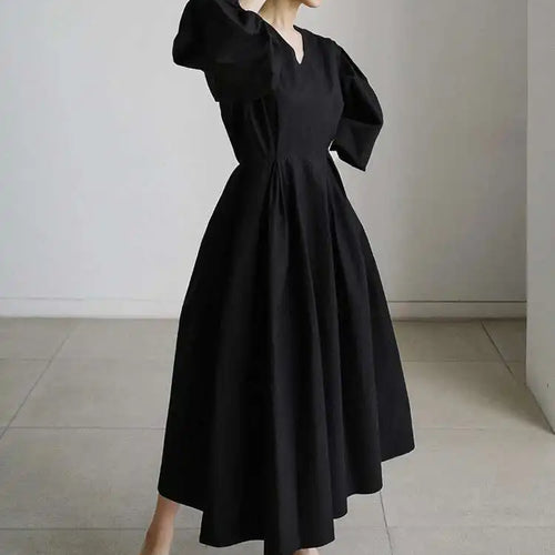 Load image into Gallery viewer, Women Kahki Elegant Big Size Long Dress New V-Neck Long Lantern Sleeve Loose Fit Fashion Tide Spring Autumn 2025  1DH0488

