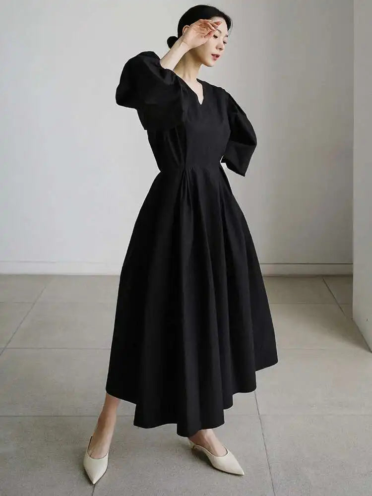Women Kahki Elegant Big Size Long Dress New V-Neck Long Lantern Sleeve Loose Fit Fashion Tide Spring Autumn 2025  1DH0488
