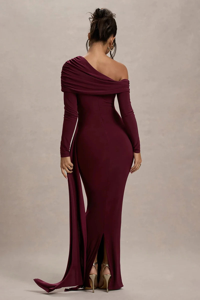 Skew Collar Long Sleeve Sexy Maxi Dress For Women Gown Fashion Backless Draped Ruched Bodycon Club Long Dress Elegant