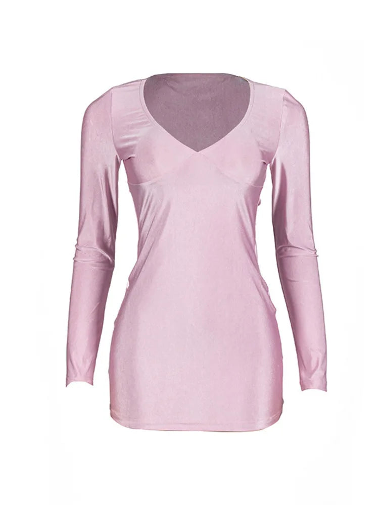 Sexy Deep V Long Sleeved Tight Elastic Short Skirt For Women's New Pullover Slim  Wrap Hip High Waist Dress Party Street