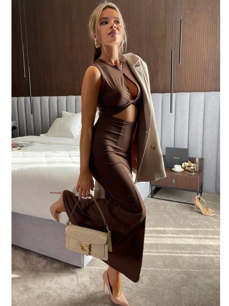 Elegant Party Evening Dress Sleeveless Hollow Out Maxi Dress For Women Style Slim Party Club Sheath Vestidos 2024 Female