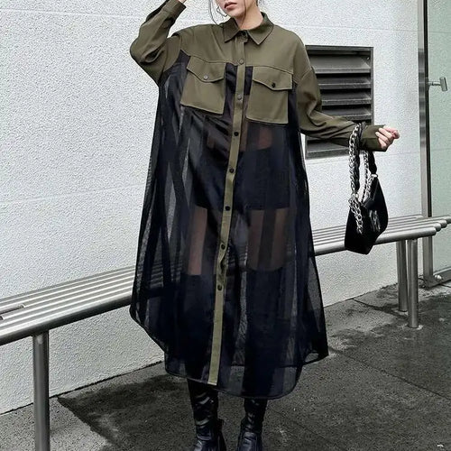 Load image into Gallery viewer, Women Army Green Mesh Color-block Big Size Long Shirt Dress New Lapel Long Sleeve Fashion Tide Spring Autumn 2025 1DH6066
