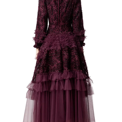 Load image into Gallery viewer, Spliced Fungus Folds Elegant Dresses for Women Round Neck Long Sleeves High Waist Patchwork Mesh Dress Female New
