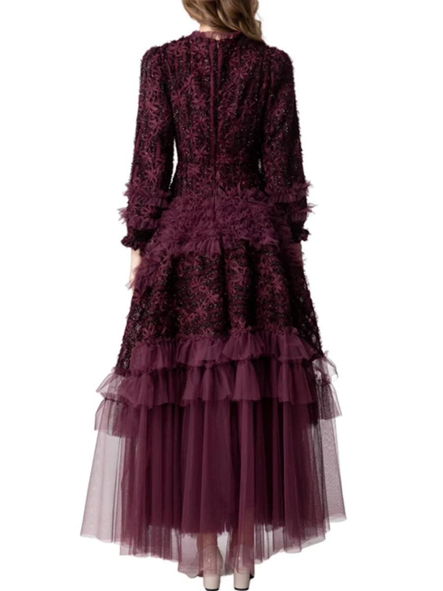 Spliced Fungus Folds Elegant Dresses for Women Round Neck Long Sleeves High Waist Patchwork Mesh Dress Female New