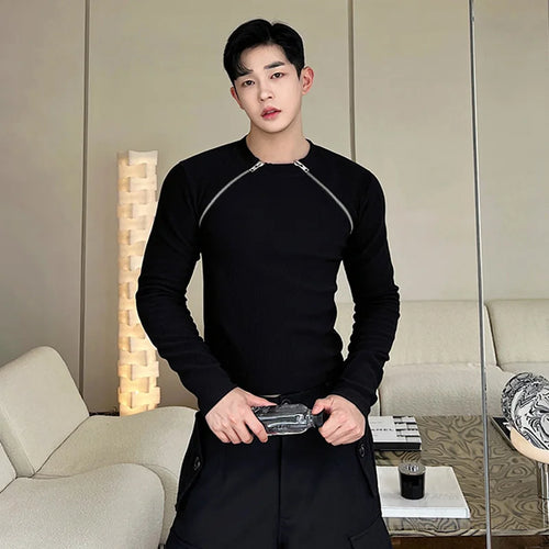 Load image into Gallery viewer, Men&#39;s Slim Long Sleeve T-shirts Autumn New Niche Design Dark Zipper Split Versatile Tight Tops Korean Style Clothing 9C1248
