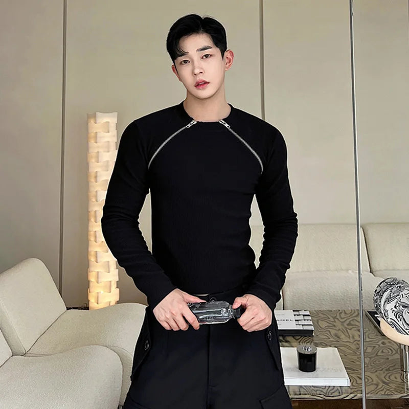 Men's Slim Long Sleeve T-shirts Autumn New Niche Design Dark Zipper Split Versatile Tight Tops Korean Style Clothing 9C1248