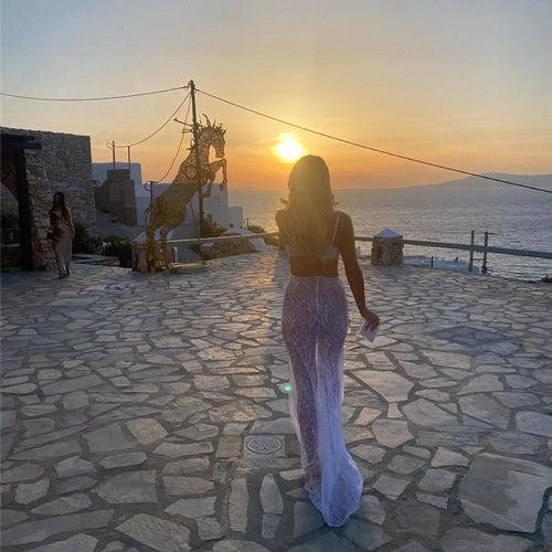 Load image into Gallery viewer, See Through Lace Two Piece Skirt Sets Women Crop Top And Maxi Skirt Sets Elegant Party Beach Sexy Two Piece Set
