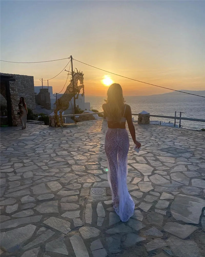 See Through Lace Two Piece Skirt Sets Women Crop Top And Maxi Skirt Sets Elegant Party Beach Sexy Two Piece Set