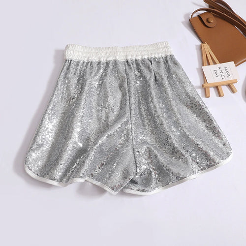 Load image into Gallery viewer, Vintage Women&#39;s Silver Sequin Drawstring Lace-up Shorts Summer High Waist Fashion Black Wide Leg Short Pants Versatile Sexy Club
