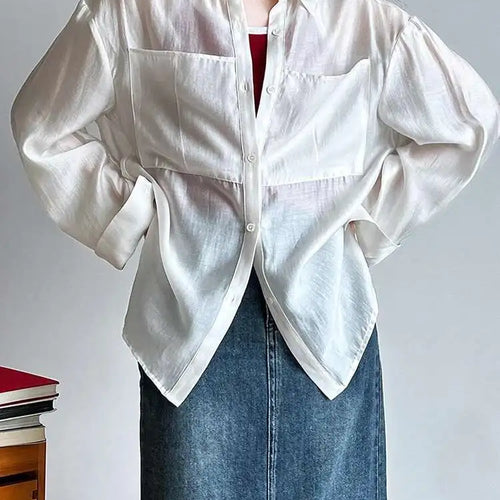 Load image into Gallery viewer, Women Brown Thin Pocket Perspective Big Size Blouse New Lapel Long Sleeve Shirt Fashion Tide Spring Summer 2025 1DH5442
