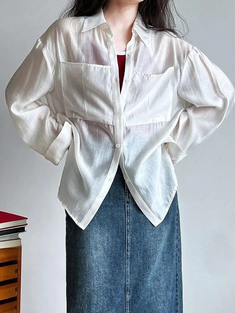 Women Brown Thin Pocket Perspective Big Size Blouse New Lapel Long Sleeve Shirt Fashion Tide Spring Summer 2025 1DH5442