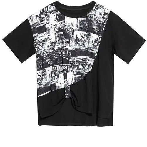 Load image into Gallery viewer, Women Black Printed Irregular Pleated Big Size T-shirt New Round Neck Short Sleeve Fashion Tide Spring Summer 2025 1DF8956
