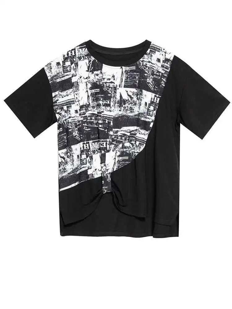 Women Black Printed Irregular Pleated Big Size T-shirt New Round Neck Short Sleeve Fashion Tide Spring Summer 2025 1DF8956