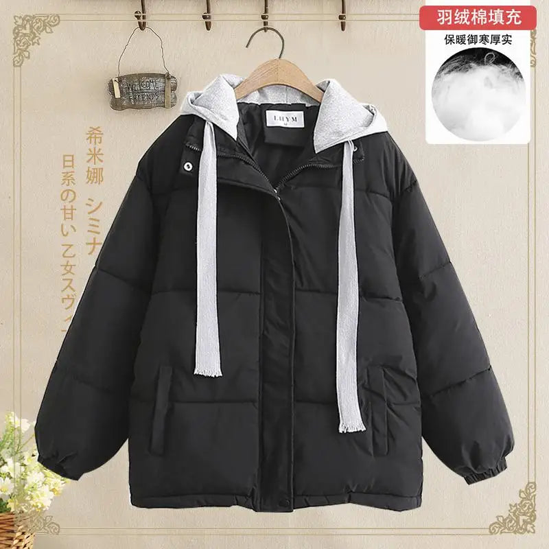 Women Autumn Winter Patchwork Long Sleeve Short Down Cotton Jacket Korean Version Elegant Hooded Bread Coat Casual Trend Fashion