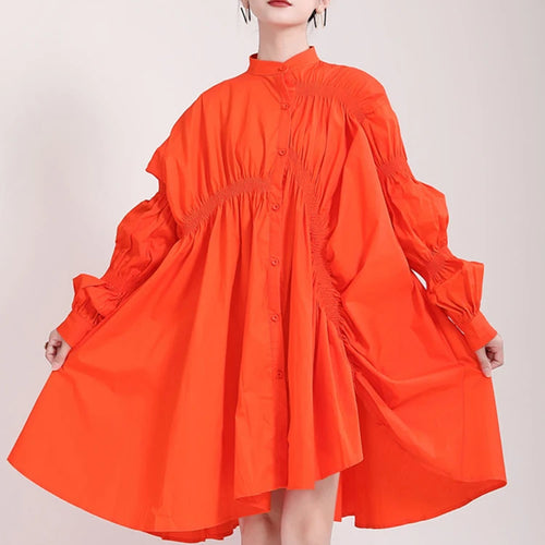 Load image into Gallery viewer, Women Blue Irregular Pleated Big Hem Shirt Dress New Stand Neck Long Sleeve Loose Fashion Tide Spring Autumn 2025 1DF9549
