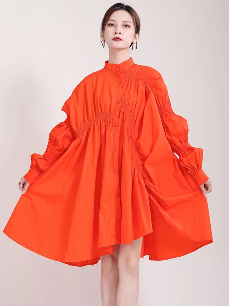 Women Blue Irregular Pleated Big Hem Shirt Dress New Stand Neck Long Sleeve Loose Fashion Tide Spring Autumn 2025 1DF9549