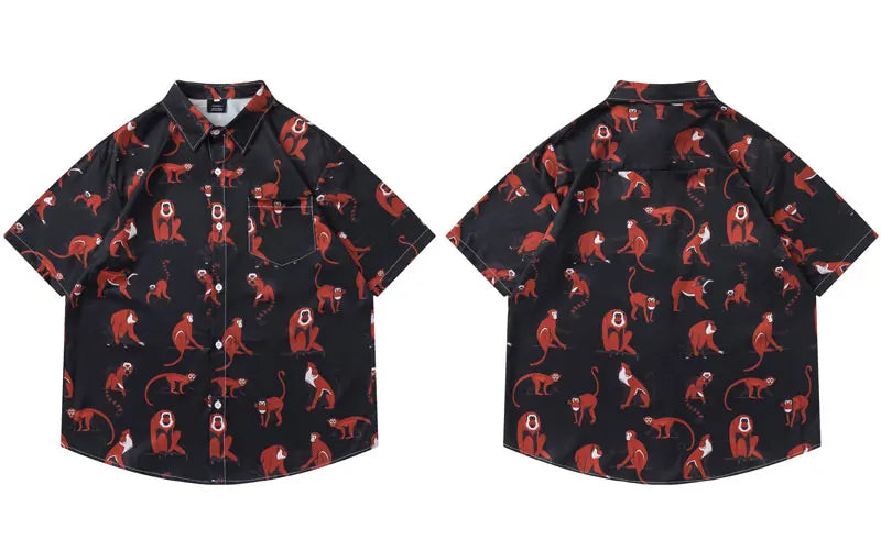 Harajuku Hawaiian Shirts Cartoon Monkey Graphic Printed Blouse Men Summer Casual Baggy Short Sleeve Button Up Beach Shirt Tops