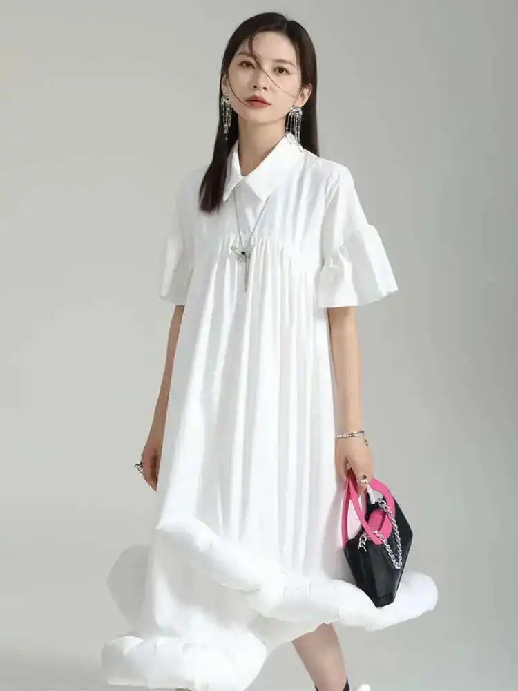Women White Pleated Hem Ruffles Big Size Shirt Dress New Lapel Short Sleeve Loose Fit Fashion Spring Summer 2025 1DF7190