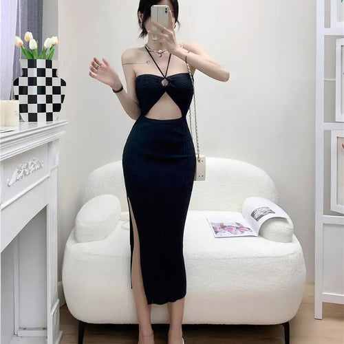 Load image into Gallery viewer, Women's Solid Elegant Sexy Club Slim Hollow Out Halter Lace-up Split Long Dress Summer Vacation Backless Knitted Party Dress
