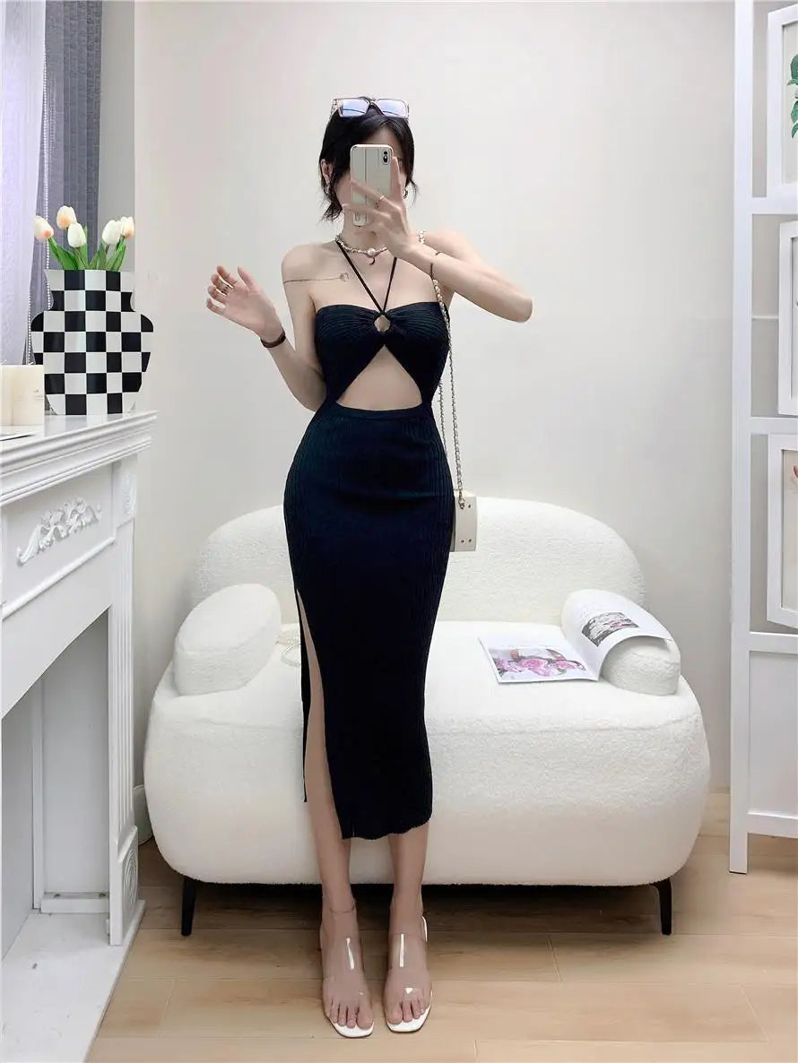 Women's Solid Elegant Sexy Club Slim Hollow Out Halter Lace-up Split Long Dress Summer Vacation Backless Knitted Party Dress