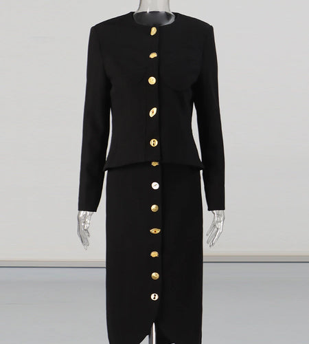 Solid Spliced Single Breasted Two Piece Sets for Women Round Neck Long Sleeves Top High Waist Split Skirt Set Female