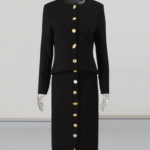 Load image into Gallery viewer, Solid Spliced Single Breasted Two Piece Sets for Women Round Neck Long Sleeves Top High Waist Split Skirt Set Female
