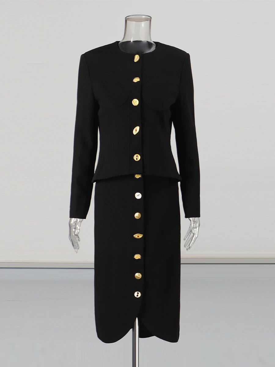 Solid Spliced Single Breasted Two Piece Sets for Women Round Neck Long Sleeves Top High Waist Split Skirt Set Female